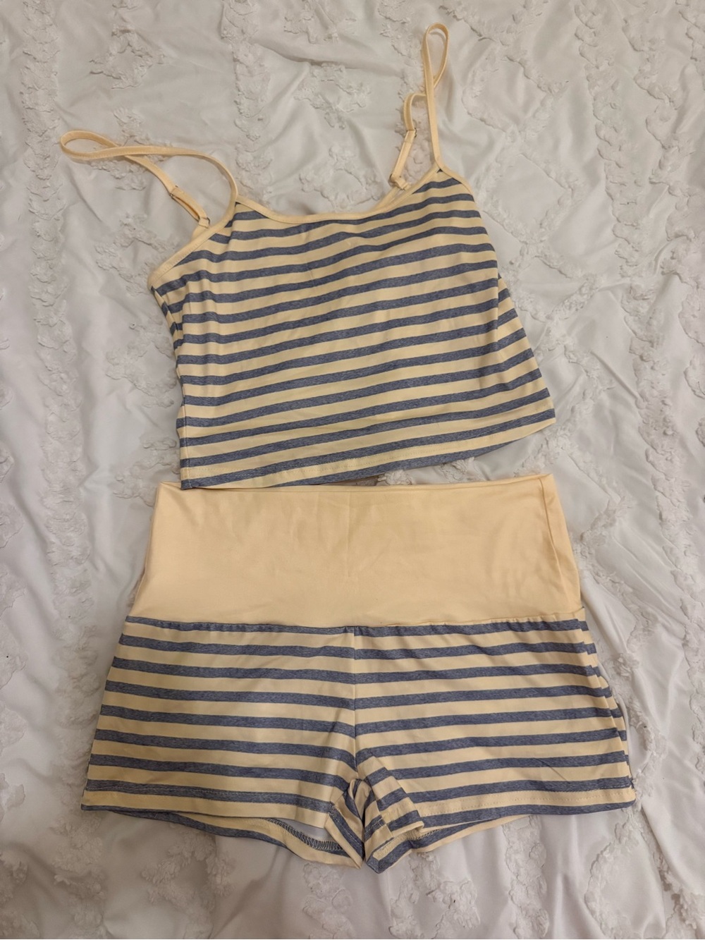 Striped Crop Cami and Shorts Set in Pale Yellow & Blue